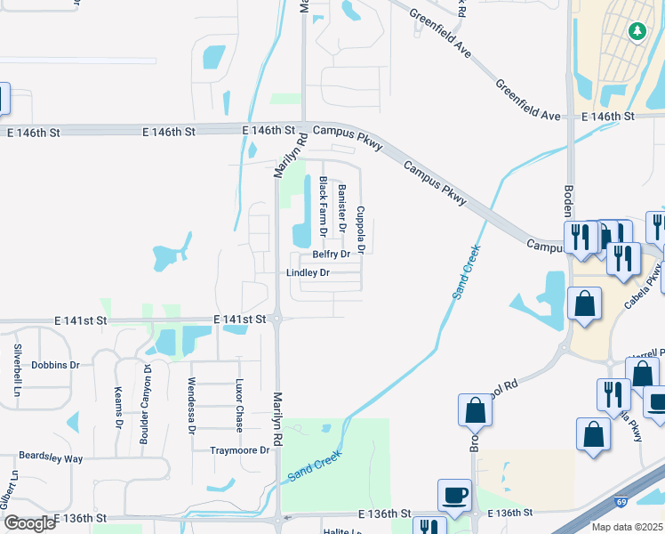 map of restaurants, bars, coffee shops, grocery stores, and more near 12190 Lindley Drive in Noblesville