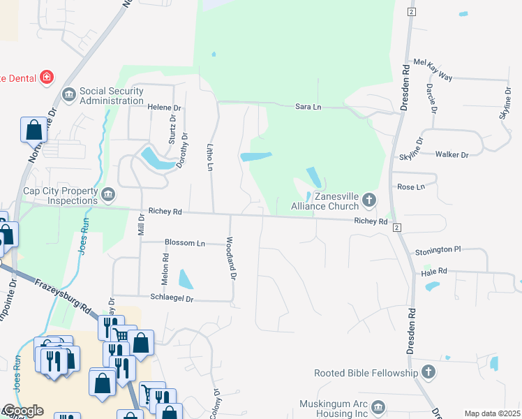 map of restaurants, bars, coffee shops, grocery stores, and more near 795 Richey Road in Zanesville
