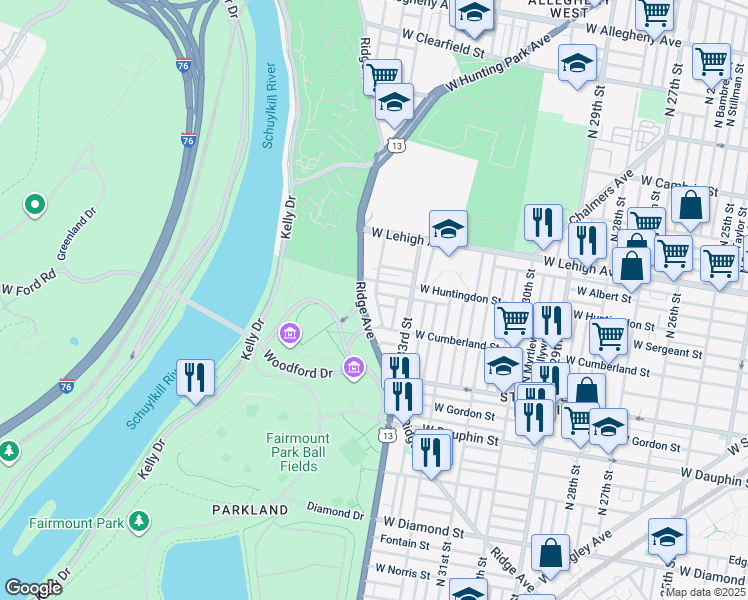 map of restaurants, bars, coffee shops, grocery stores, and more near 2534 North 34th Street in Philadelphia