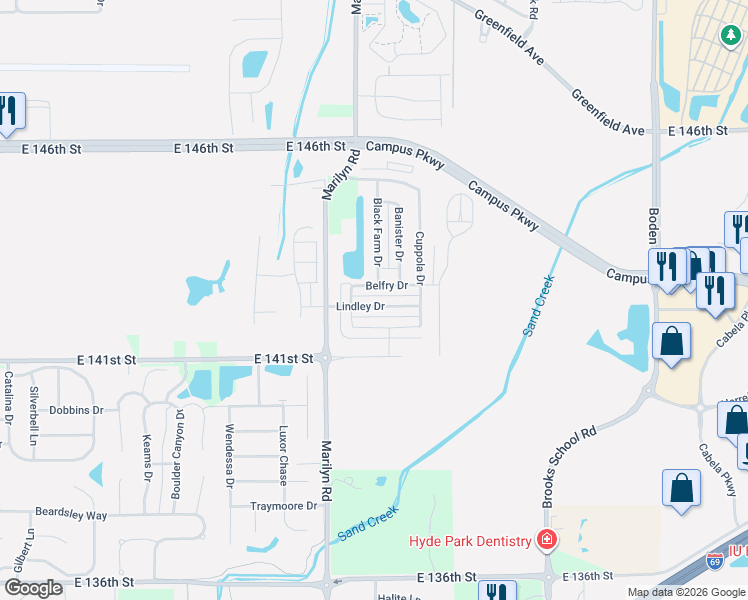 map of restaurants, bars, coffee shops, grocery stores, and more near 12159 Belfry Drive in Noblesville