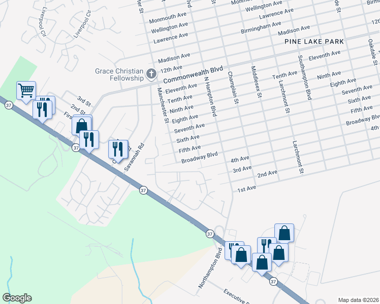 map of restaurants, bars, coffee shops, grocery stores, and more near 632 5th Avenue in Toms River