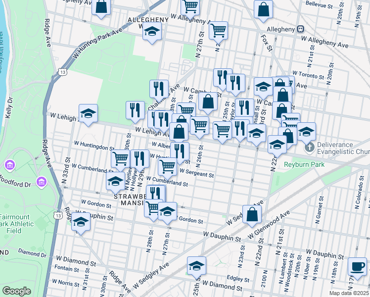 map of restaurants, bars, coffee shops, grocery stores, and more near 2619 North 27th Street in Philadelphia