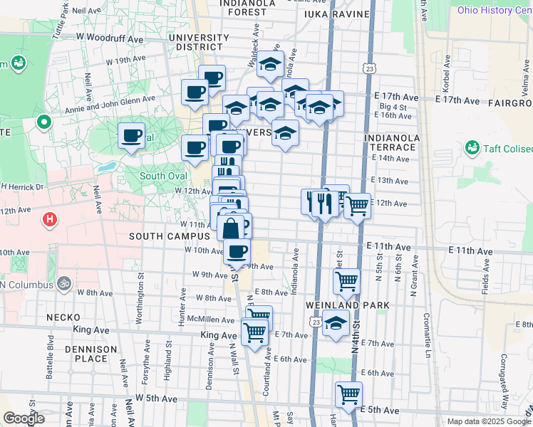 map of restaurants, bars, coffee shops, grocery stores, and more near 86 Chittenden Avenue in Columbus