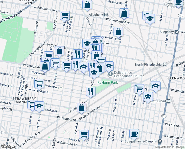 map of restaurants, bars, coffee shops, grocery stores, and more near 2203 West Lehigh Avenue in Philadelphia