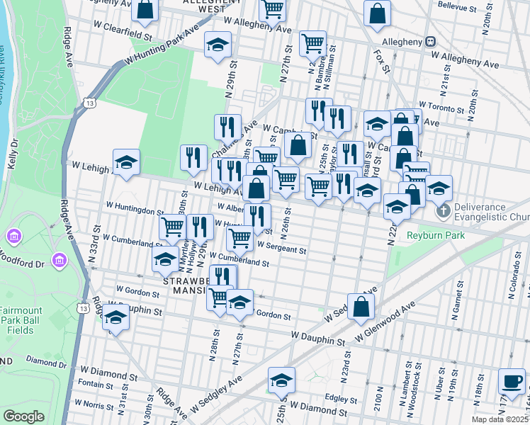 map of restaurants, bars, coffee shops, grocery stores, and more near 2619 North 27th Street in Philadelphia