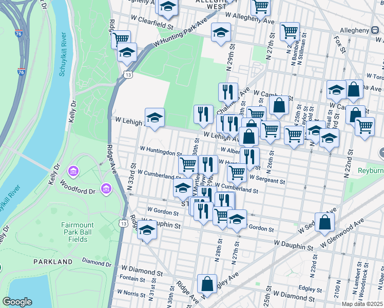 map of restaurants, bars, coffee shops, grocery stores, and more near 2604 North 30th Street in Philadelphia