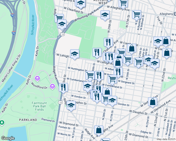 map of restaurants, bars, coffee shops, grocery stores, and more near 2601 N Stanley St in Philadelphia