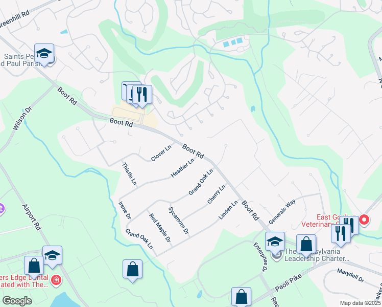 map of restaurants, bars, coffee shops, grocery stores, and more near 1445 Heather Lane in West Chester