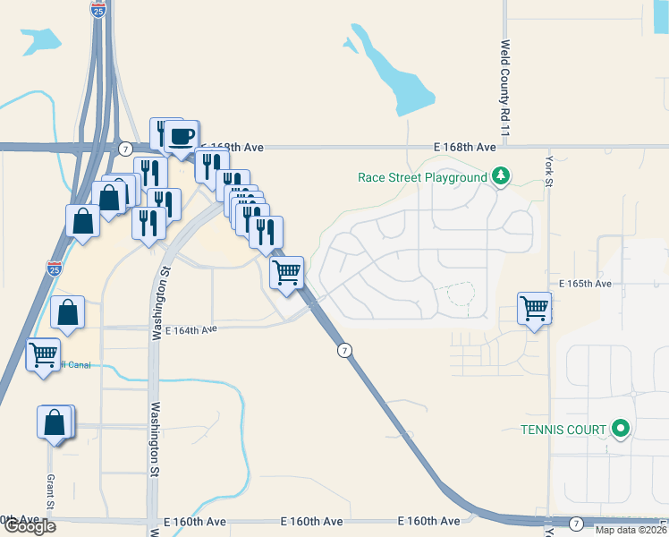 map of restaurants, bars, coffee shops, grocery stores, and more near 1539 East 166th Court in Thornton
