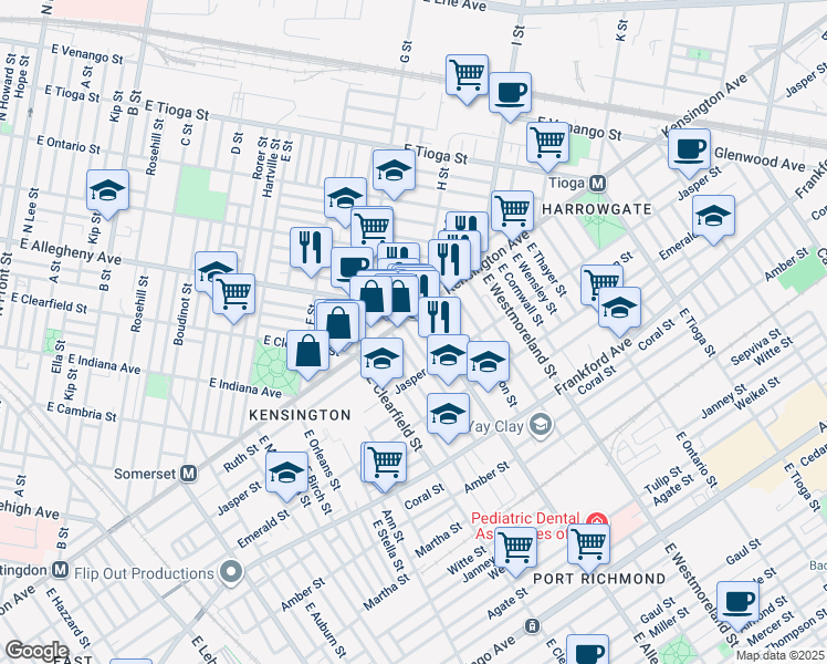 map of restaurants, bars, coffee shops, grocery stores, and more near 1807 East Wishart Street in Philadelphia