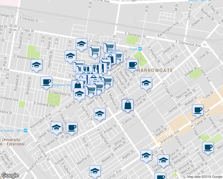 map of restaurants, bars, coffee shops, grocery stores, and more near 3249 Jasper Street in Philadelphia