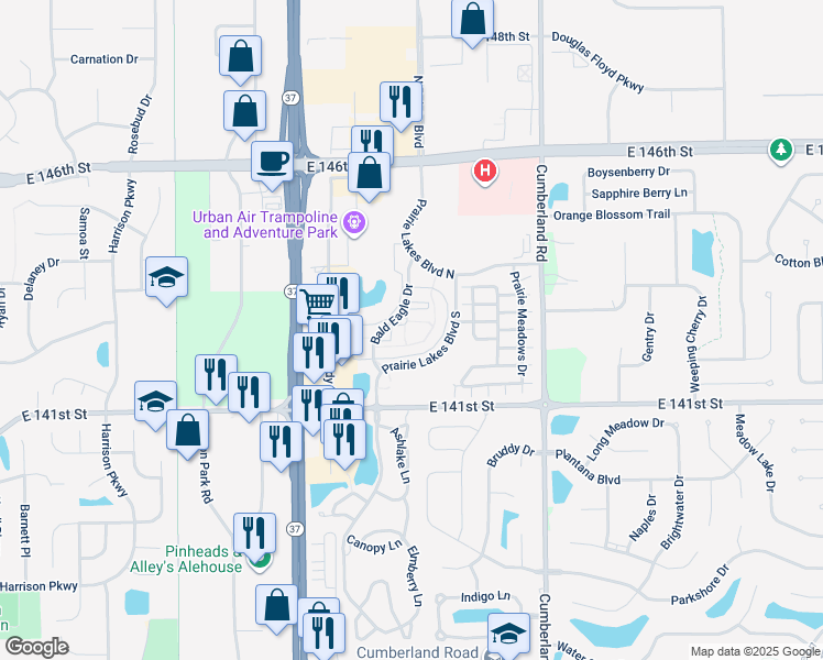 map of restaurants, bars, coffee shops, grocery stores, and more near 14260 Bald Eagle Drive in Noblesville