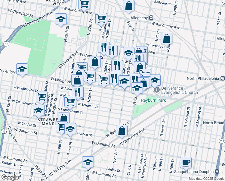 map of restaurants, bars, coffee shops, grocery stores, and more near 2400 West Lehigh Avenue in Philadelphia