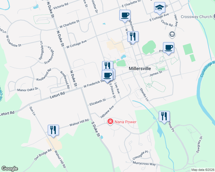 map of restaurants, bars, coffee shops, grocery stores, and more near 22 South Prince Street in Millersville