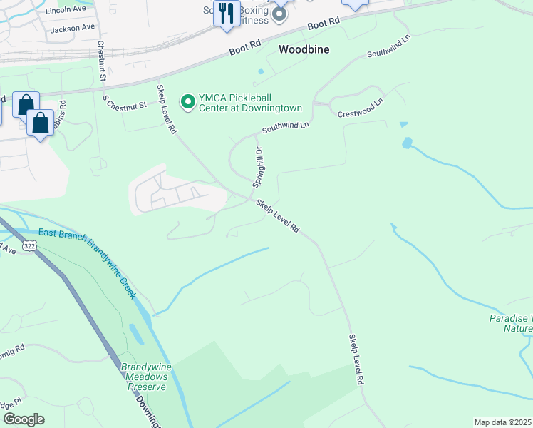 map of restaurants, bars, coffee shops, grocery stores, and more near 1099 Shadow Wood Drive in Downingtown