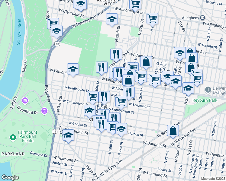 map of restaurants, bars, coffee shops, grocery stores, and more near 2621 North 29th Street in Philadelphia