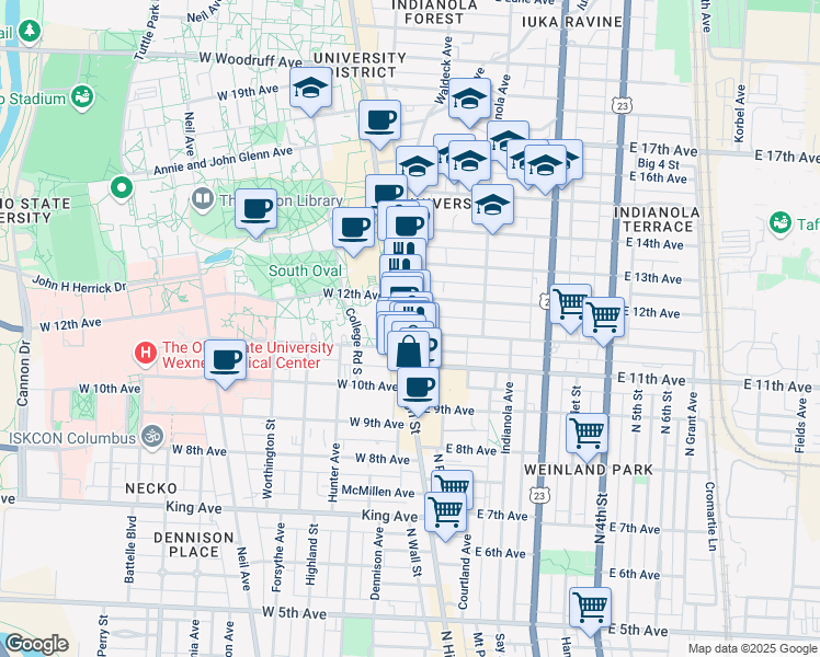 map of restaurants, bars, coffee shops, grocery stores, and more near 10 Chittenden Ave in Columbus