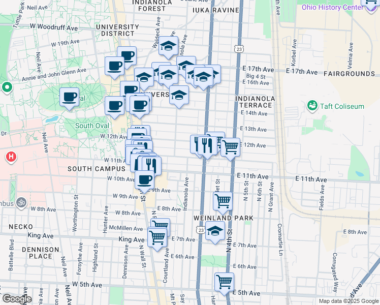 map of restaurants, bars, coffee shops, grocery stores, and more near 166 Chittenden Avenue in Columbus