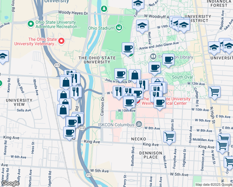 map of restaurants, bars, coffee shops, grocery stores, and more near 465 West 12th Avenue in Columbus