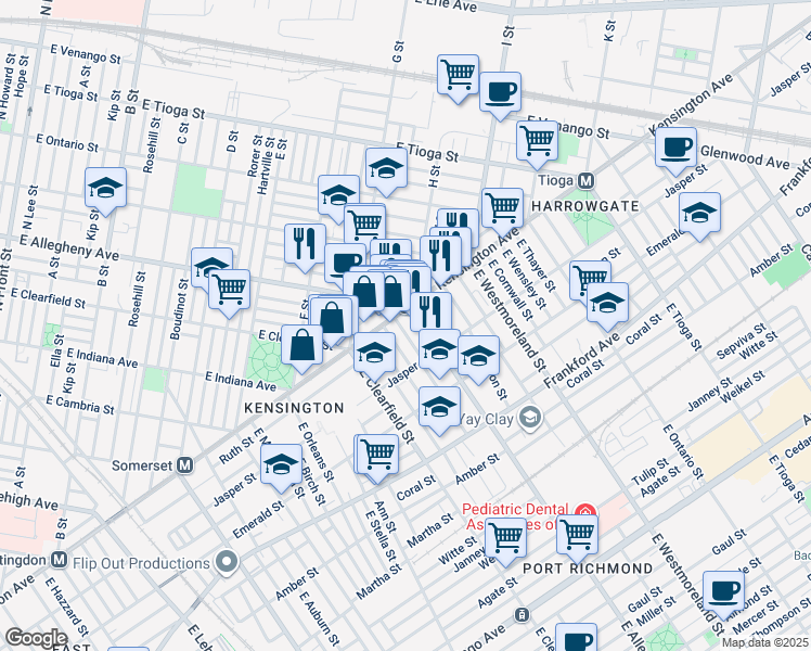 map of restaurants, bars, coffee shops, grocery stores, and more near 1807 East Wishart Street in Philadelphia