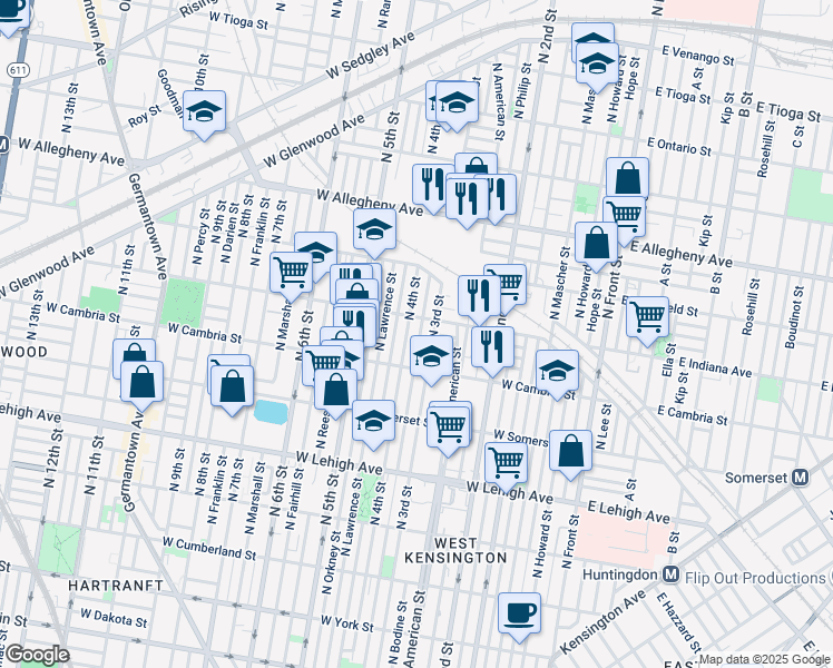 map of restaurants, bars, coffee shops, grocery stores, and more near 2948 North Orianna Street in Philadelphia