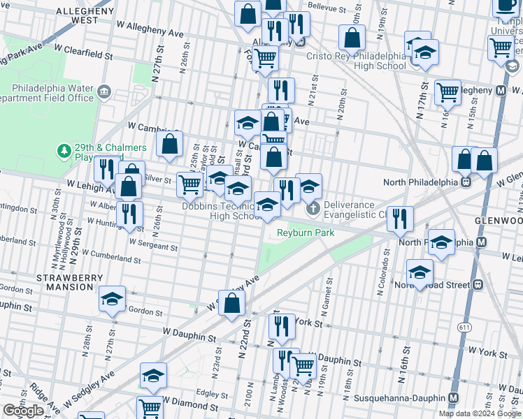 map of restaurants, bars, coffee shops, grocery stores, and more near 2207 West Lehigh Avenue in Philadelphia