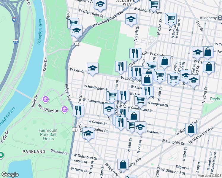 map of restaurants, bars, coffee shops, grocery stores, and more near 2602 North Corlies Street in Philadelphia