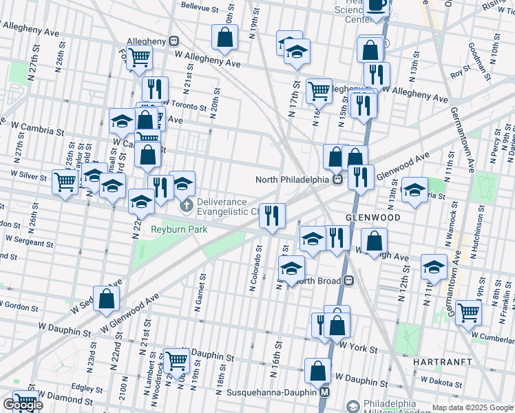 map of restaurants, bars, coffee shops, grocery stores, and more near 1820 West Sedgley Avenue in Philadelphia