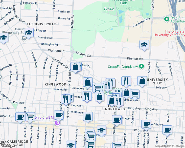 map of restaurants, bars, coffee shops, grocery stores, and more near 1447 Presidential Drive in Columbus