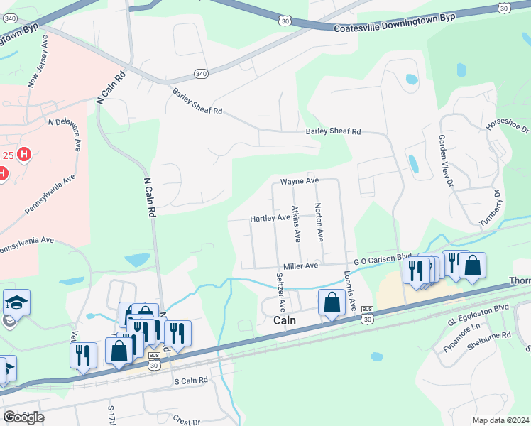 map of restaurants, bars, coffee shops, grocery stores, and more near 2249 Hartley Avenue in Coatesville