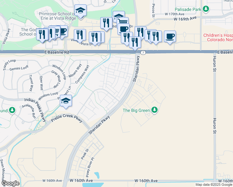 map of restaurants, bars, coffee shops, grocery stores, and more near 16635 Shoshone Street in Broomfield