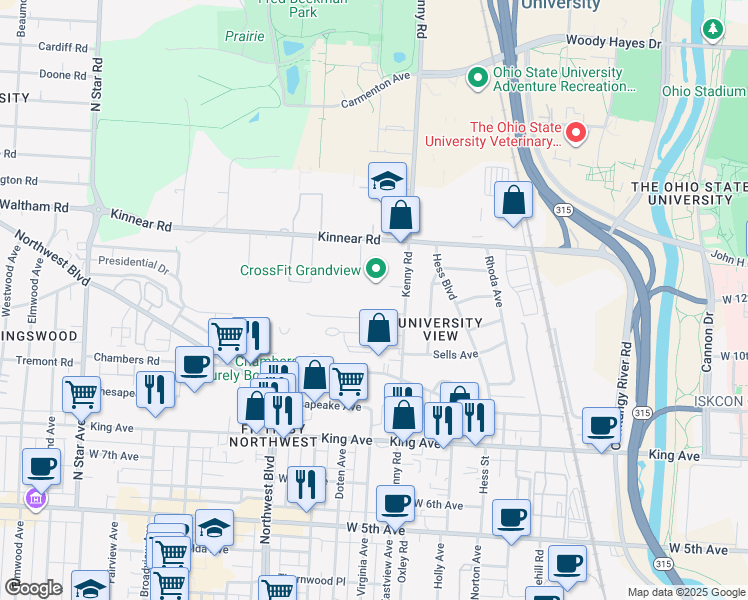 map of restaurants, bars, coffee shops, grocery stores, and more near 1791 Kenny Road in Columbus