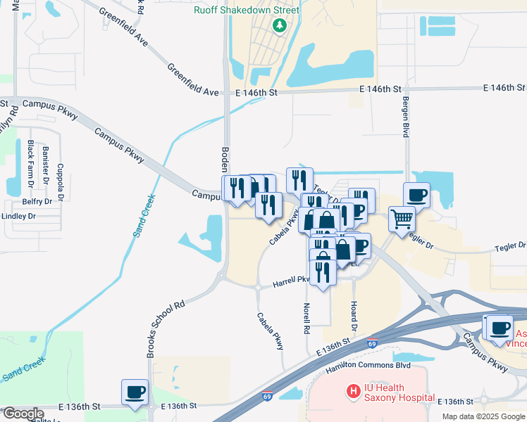 map of restaurants, bars, coffee shops, grocery stores, and more near 12919 Campus Parkway in Noblesville
