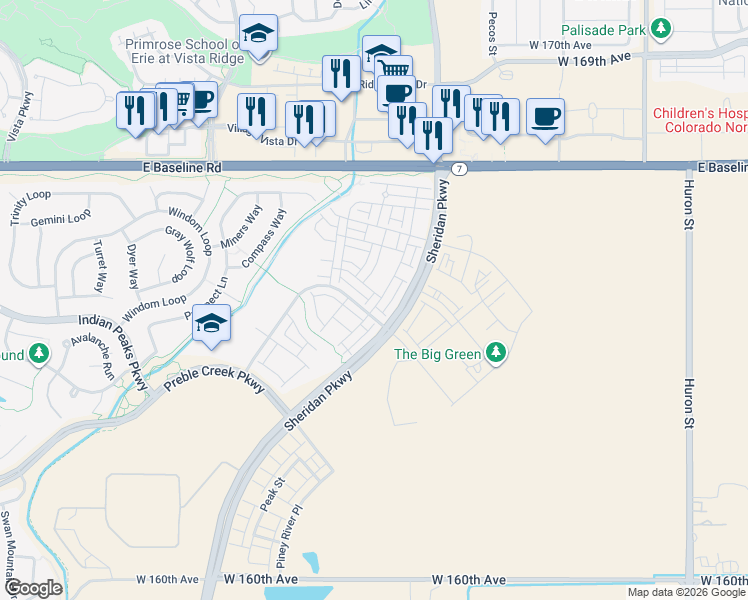 map of restaurants, bars, coffee shops, grocery stores, and more near 2015 Alcott Way in Broomfield