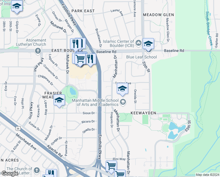 map of restaurants, bars, coffee shops, grocery stores, and more near in Boulder