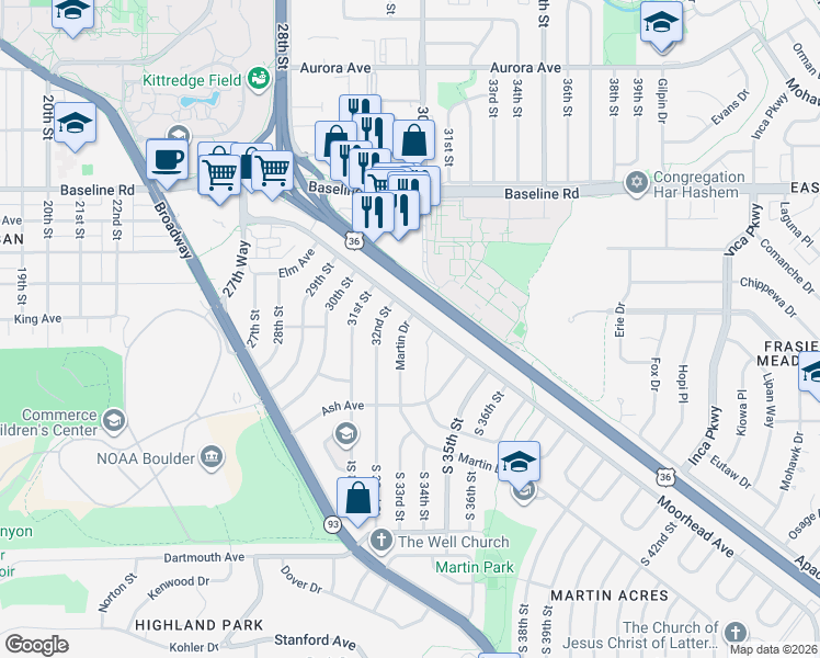 map of restaurants, bars, coffee shops, grocery stores, and more near 380 Martin Drive in Boulder