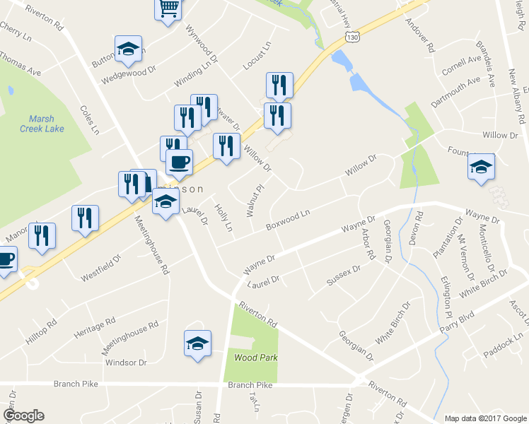 map of restaurants, bars, coffee shops, grocery stores, and more near 2161 Chestnut Place in Cinnaminson