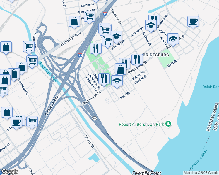 map of restaurants, bars, coffee shops, grocery stores, and more near 4258 Richmond Street in Philadelphia