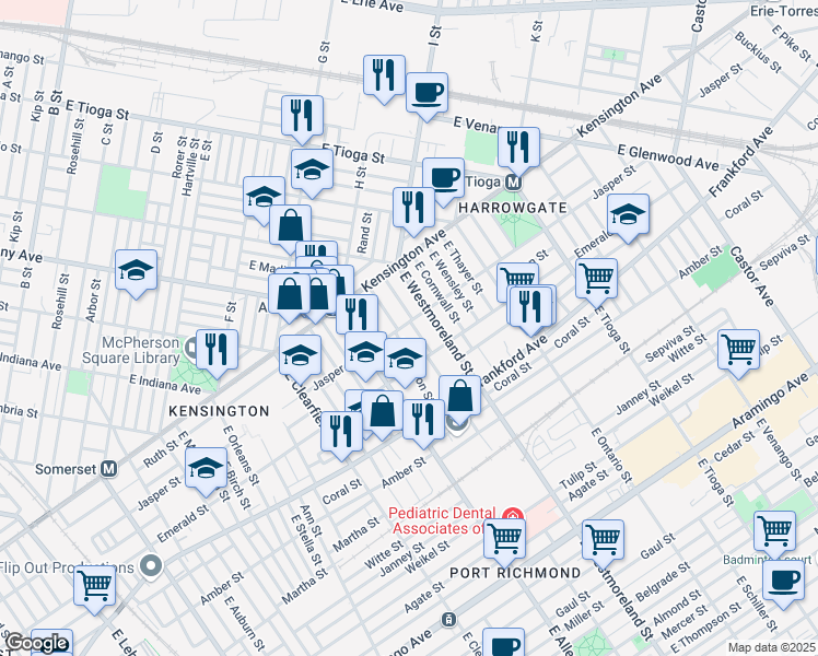 map of restaurants, bars, coffee shops, grocery stores, and more near 1885 East Madison Street in Philadelphia