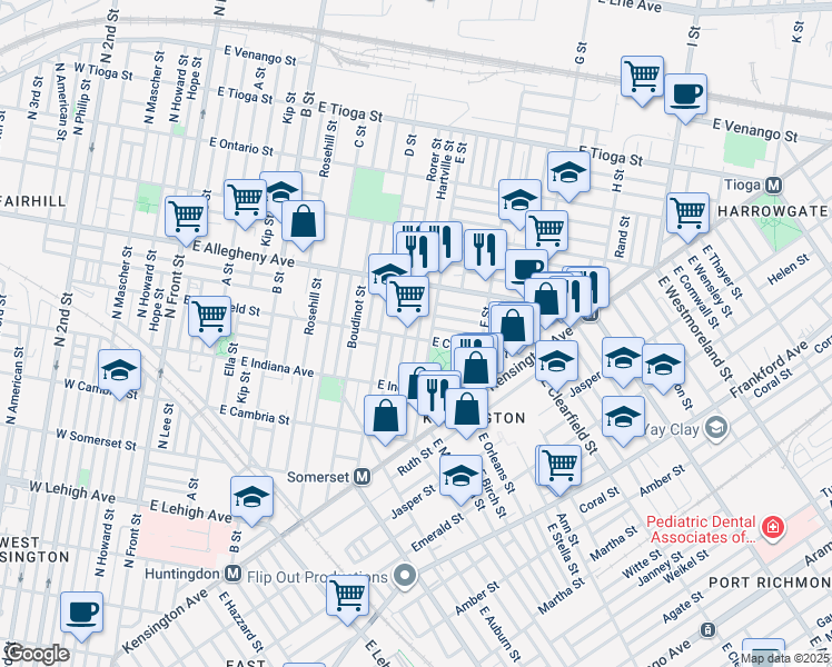 map of restaurants, bars, coffee shops, grocery stores, and more near 3111 Hartville Street in Philadelphia