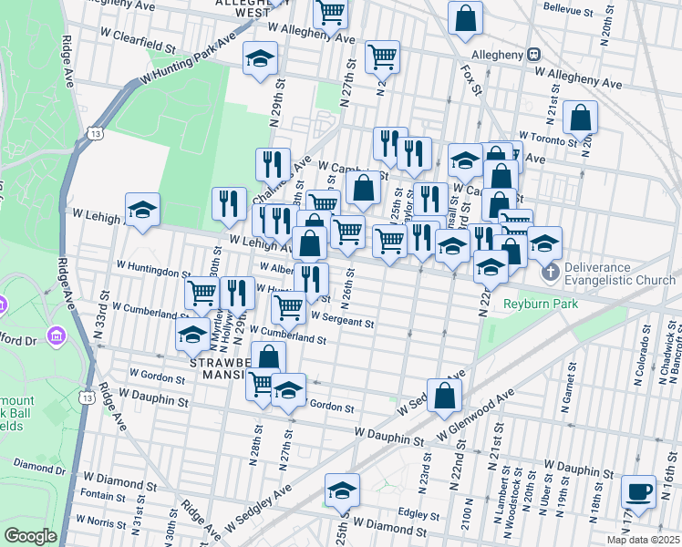 map of restaurants, bars, coffee shops, grocery stores, and more near in Philadelphia