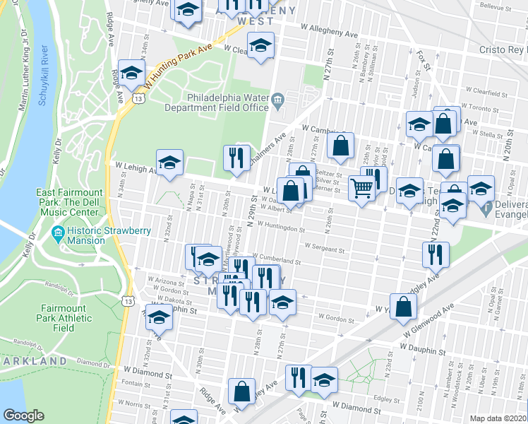 map of restaurants, bars, coffee shops, grocery stores, and more near 2621 North 29th Street in Philadelphia