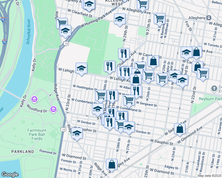 map of restaurants, bars, coffee shops, grocery stores, and more near 2614 North Hollywood Street in Philadelphia