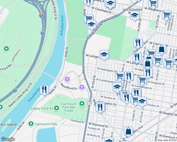 map of restaurants, bars, coffee shops, grocery stores, and more near 3313 West Sergeant Street in Philadelphia