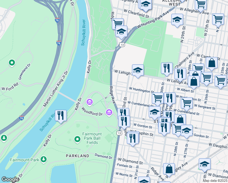 map of restaurants, bars, coffee shops, grocery stores, and more near 3445 U.S. 13 in Philadelphia