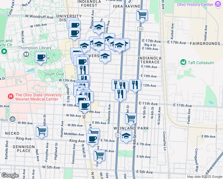map of restaurants, bars, coffee shops, grocery stores, and more near 166 Chittenden Avenue in Columbus