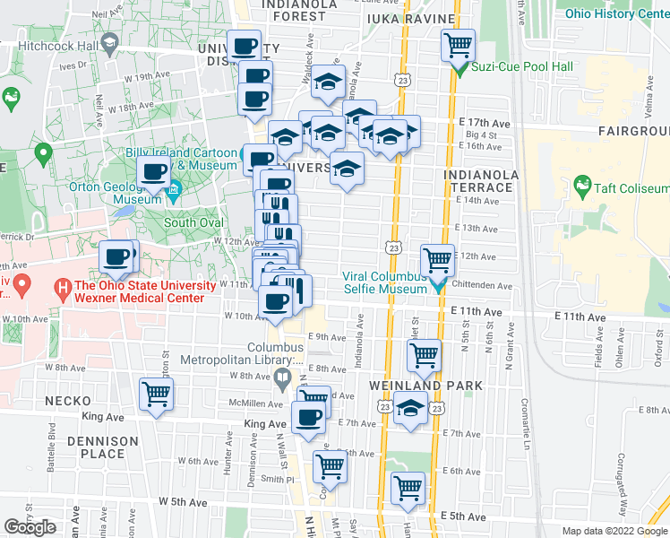 map of restaurants, bars, coffee shops, grocery stores, and more near in Columbus
