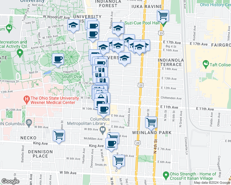 map of restaurants, bars, coffee shops, grocery stores, and more near 60 Chittenden Avenue in Columbus