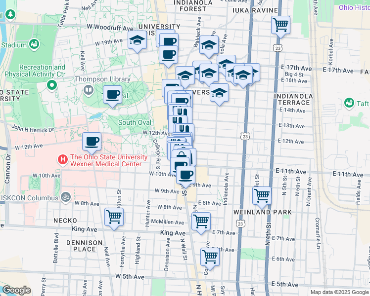 map of restaurants, bars, coffee shops, grocery stores, and more near 1646 North High Street in Columbus