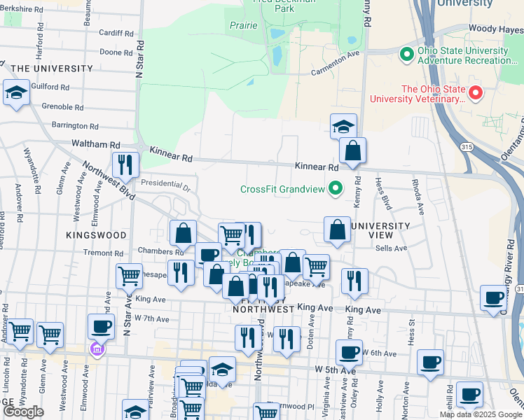 map of restaurants, bars, coffee shops, grocery stores, and more near 1275 Steelwood Road in Columbus
